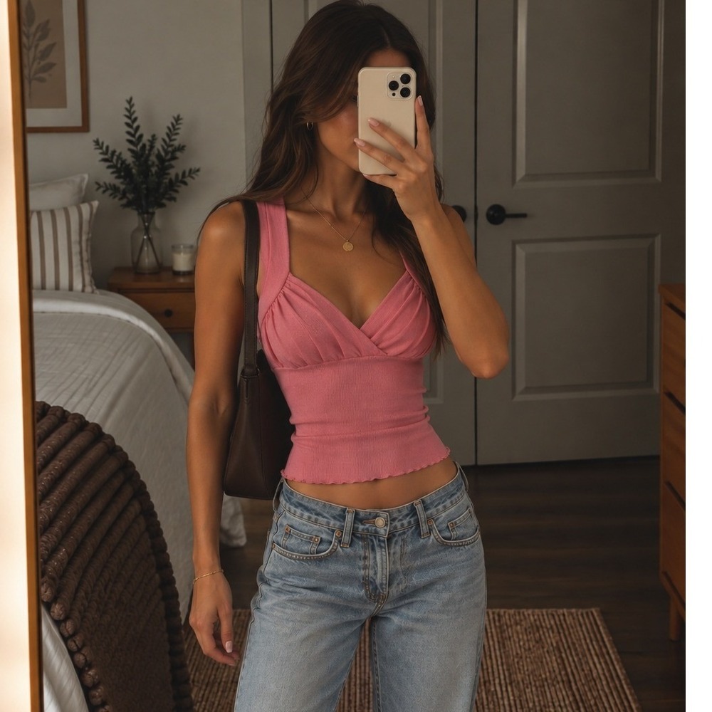 VTG Rampage Pink Ribbed Knit Tank Top Surplice Plunge V-Neck Cami XS Coquette